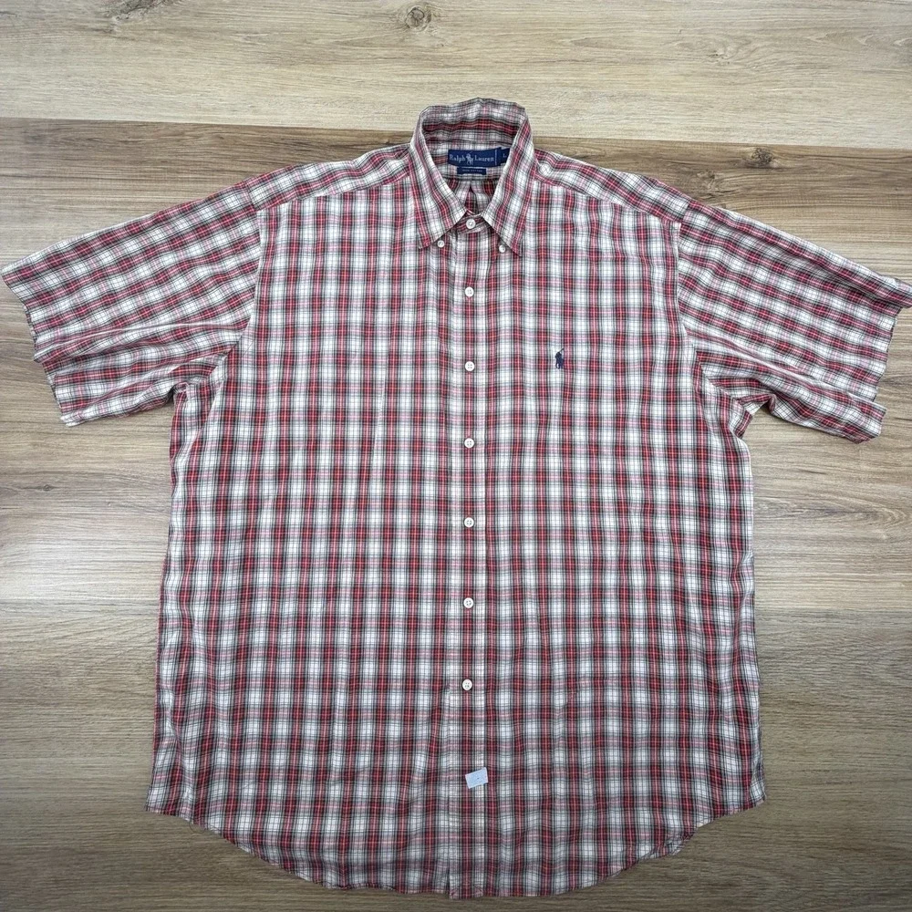 Ralph Lauren Mens L Classic Fit Red‎ Plaid Button Down Shirt Short Sleeve EUC